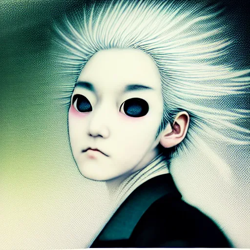 Image similar to yoshitaka amano blurred and dreamy realistic three quarter angle portrait of a woman with white hair and black eyes wearing dress suit with tie, junji ito abstract patterns in the background, satoshi kon anime, noisy film grain effect, highly detailed, renaissance oil painting, weird portrait angle, blurred lost edges