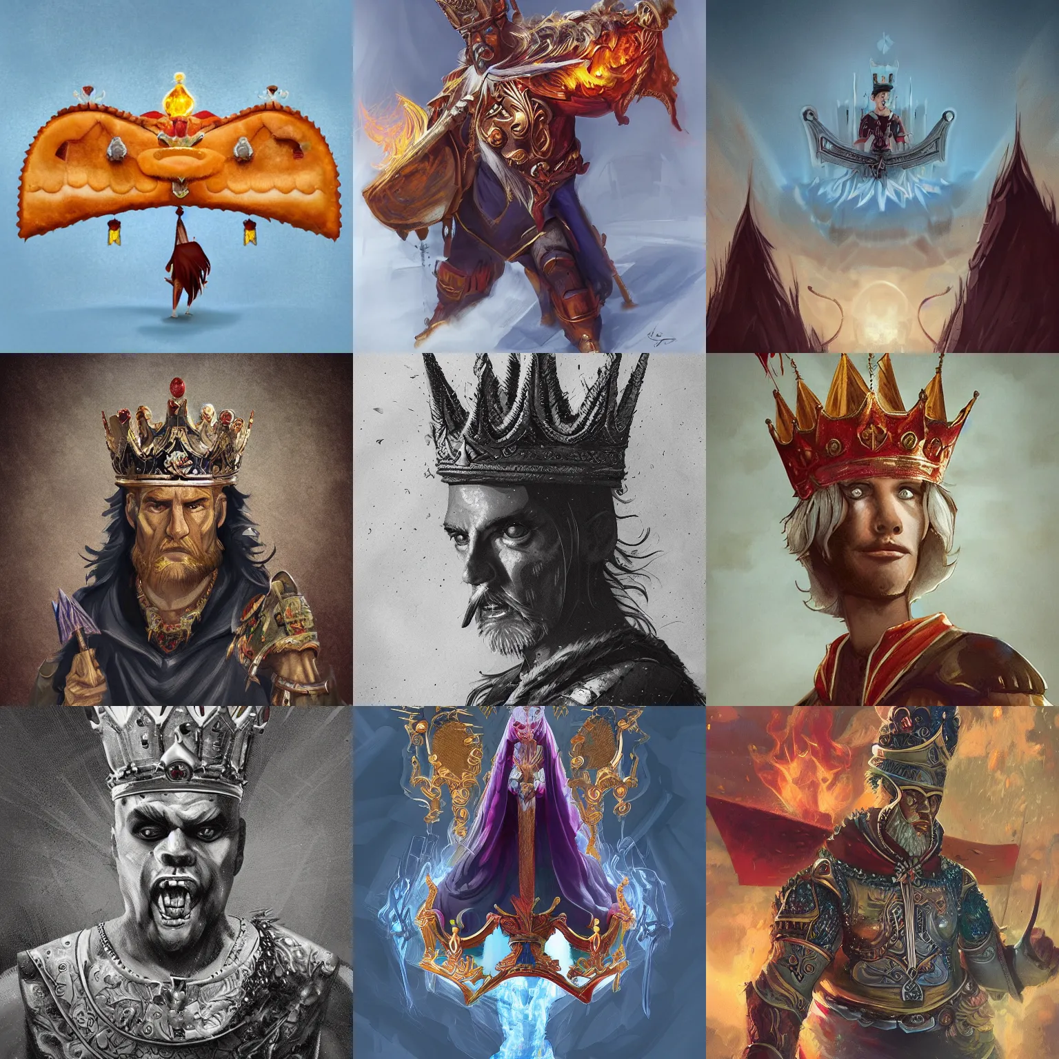 Prompt: empanada king, crowned, crown, scepter, artstation, fantasy art, low-angle, menacing, glory, glorious, mighty, noble, regal