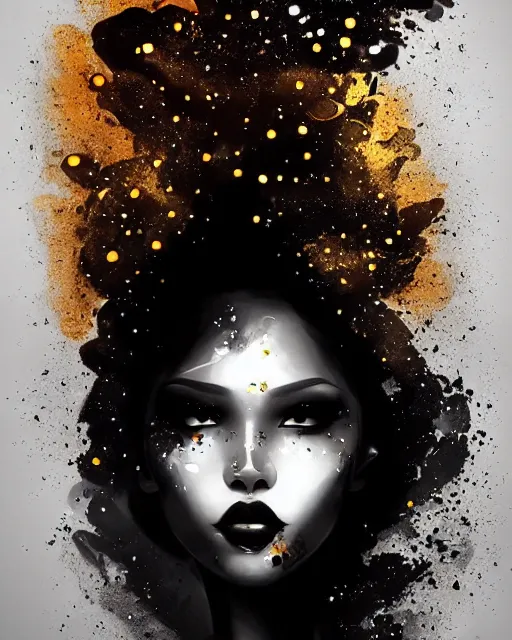 Image similar to Geometric smoke ebony beauty portrait, dramatic lighting, artstation, by artgerm and tony sart, black gold floral ink stylized beauty splatter art, leiji matsumoto