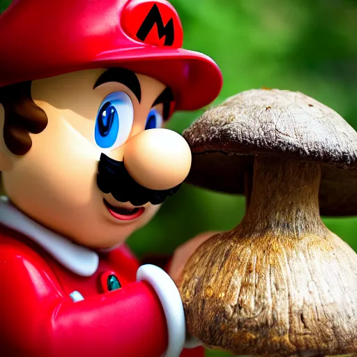 Image similar to photo of real life mario finding a giant mushroom, exhilarated, portrait, closeup. mouth open, 30mm, bokeh