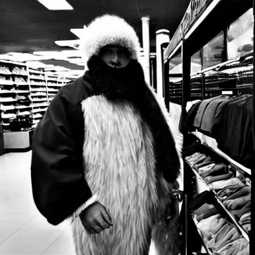 Prompt: a grainy black and white photo of a yeti shopping for clothes