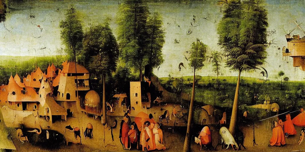 Prompt: painting of a kerala village by Hieronymus Bosch