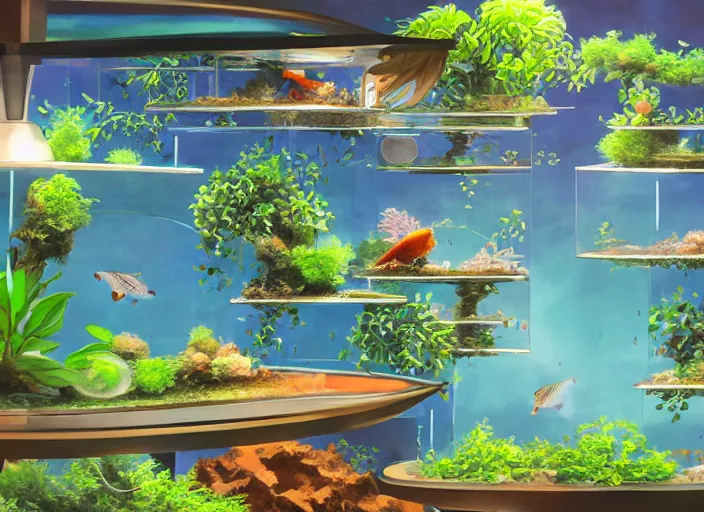 Image similar to arrays of betta tanks, pleasing two - point - perspective anime background clean neat clarity professional visual development set design, tiny cozy store with hanging bird cages and bright fish aquariums, sparse planted terrariums, dim painterly lighting volumetric aquatics, impasto, trending on pixiv