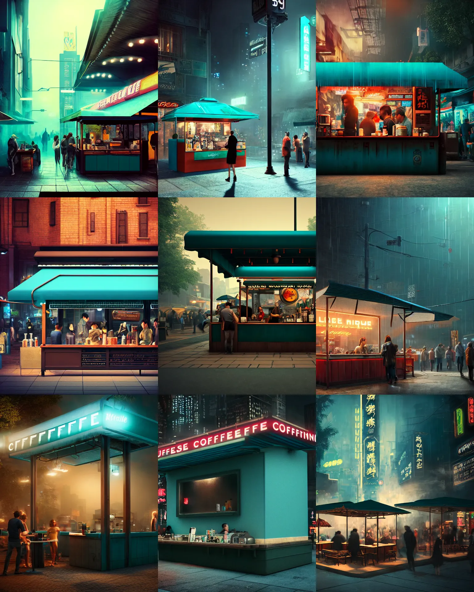 Prompt: establishing shot of an outdoor coffee stand, like a scene from blade runner, customers eating at the outdoor noodle stand, steamy, dark teal lighting, hard dramatic lighting, unreal engine, hyper realism, realistic shading, cinematic composition, blender render, octane render, hdr, detailed textures, photorealistic, sharp focus, wide shot