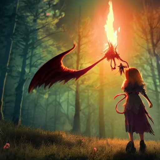 Prompt: novice young witch conjuring a monstrous burning demonic behemoth realistic 4 k high definition artstation trending path traced contrast light and dark colorful bokeh massive scale cinematic breathtaking