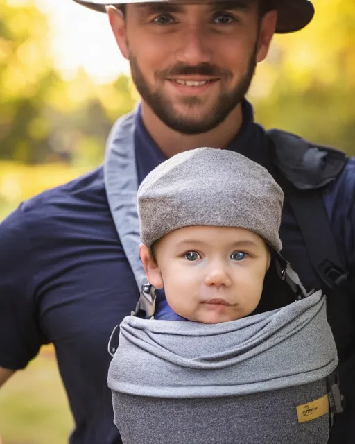Image similar to gentlemen wearing a hat and wearing a baby sling on the back with a kitten in the sling, color studio portrait, golden ratio, backlit, happy, detailed eyes