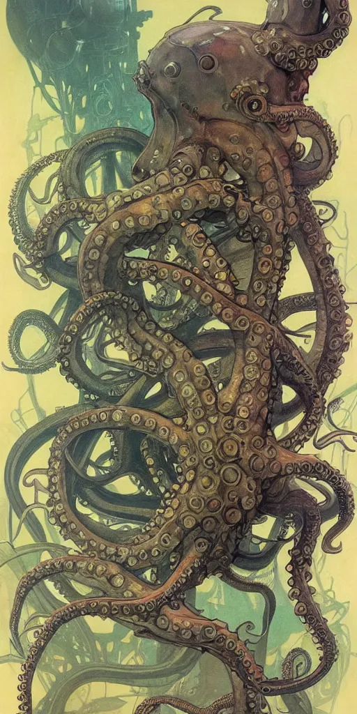 Prompt: fantasy fish, octopus, squid, in futuristic aquarium, cyberpunk, concept art, schematics, gnarly details painted by norman rockwell, mucha, gurney