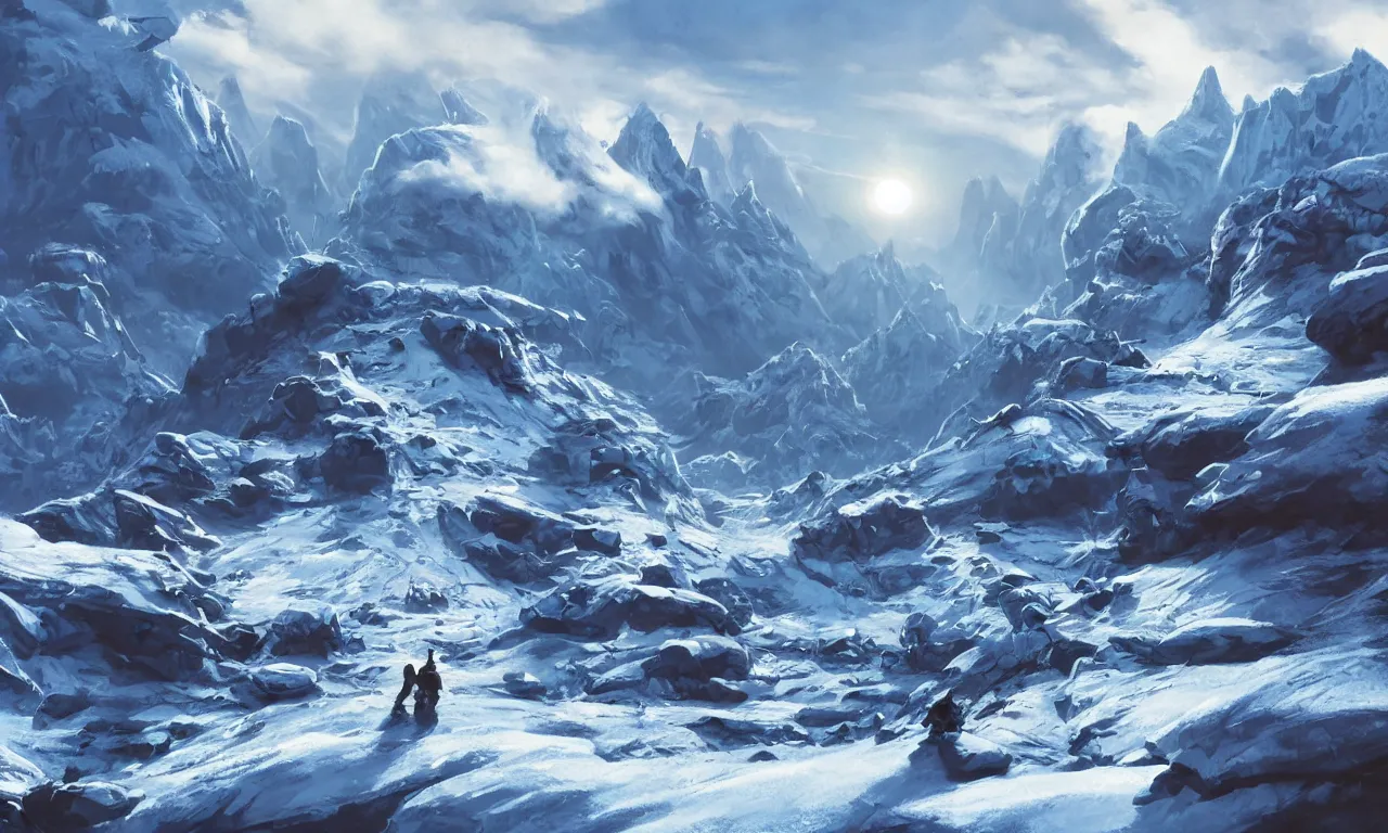 Image similar to frozen planet with mountains in clouds on the background, ravine in front, science-fiction, cinematic lighting, cinematic angle, Syd Mead, Federico Pelat, daylight, blue sky, spaceship in the sky