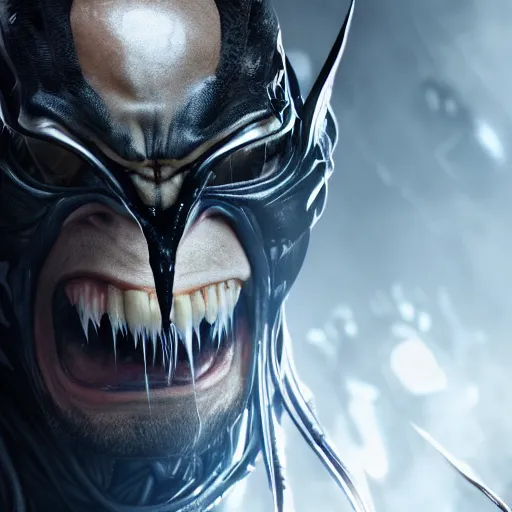 Prompt: Wolverine venom portrait, close up, futuristic sci-fi, alien fabric, venom costume, black slime, roots, chrome mask, beams of light, fog atmosphere, highly no detailed, atmospheric, dark aesthetics, artstation, octane rendering, ultra realistic, 8k