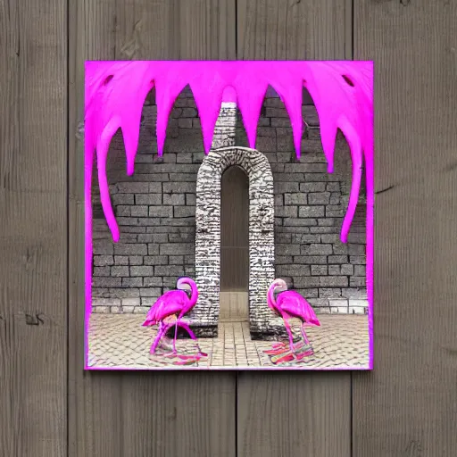 Image similar to throne made plastic pink flamingos yard signs in a medieval castle, ultrarealistic, intricate details, 4k, concept art, dark fantasy