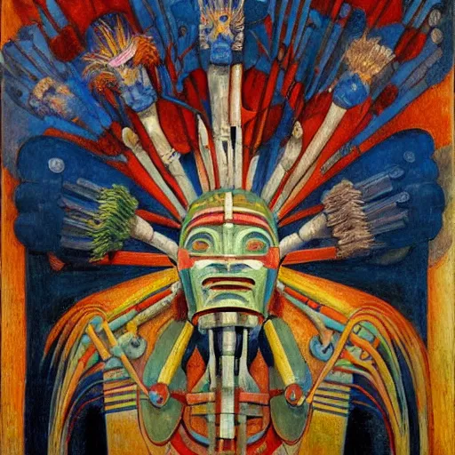 Image similar to masterpiece painting of a robot shaman, by annie swynnerton and jean delville and edward hopper and diego rivera and evelyn de morgan and rufino tamayo, facemask made of flowers, art brut, outsider art, symbolist, dramatic lighting, god rays, elaborate geometric ornament, clean crisp graphics, smooth sharp focus, extremely detailed, adolf wolfli