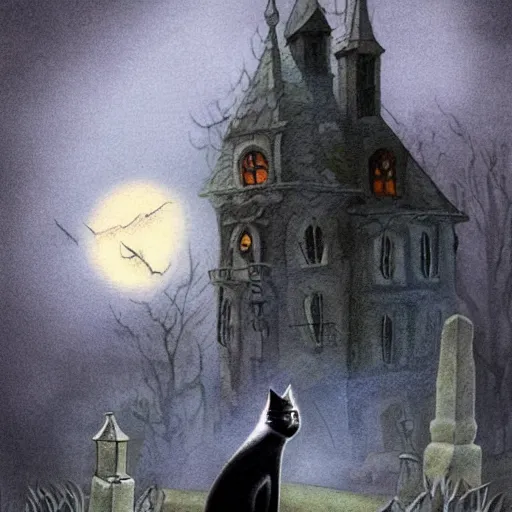 Image similar to black cat in graveyard at midnight halloween tattoo on shoulder by anton pieck, intricate, extremely detailed, digital painting, artstation concept art