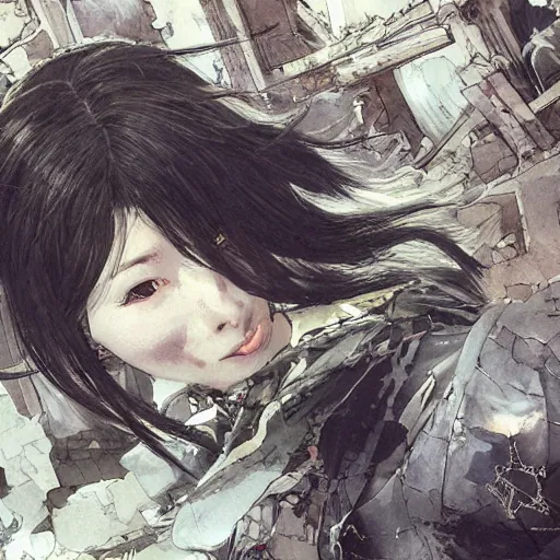 Prompt: cute japanese girl with small horns, with long silky hair, dressed in an old white coat, praying on the floor of a destroyed church, with an elegant smile, view from above, detailed artwork by Yoji Shinkawa