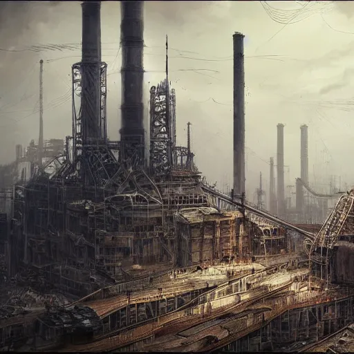 Image similar to highly detailed concept art of monumental chimney of the huge steelworks in the steampunk underground city/factory trending on Artstation by Daniel Dociu and Greg Rutkowski, high quality, dieselpunk, architecture, frostpunk, steampunk industrial area, pollution and smoke, rusty, heat and steam, ultra detailed, ultra realistic, dystopia