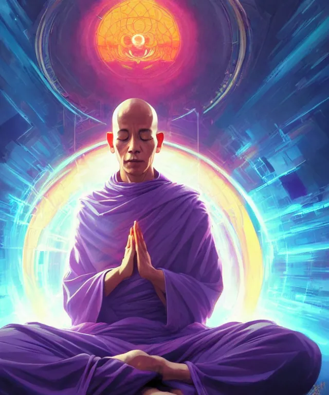 Image similar to a floating monk, meditating, wearing netrunner clothing, vaporwave aesthetic, colorful, psychedelic, digital painting, artstation, concept art, smooth, sharp focus, illustration, art by artgerm and greg rutkowski and alphonse mucha