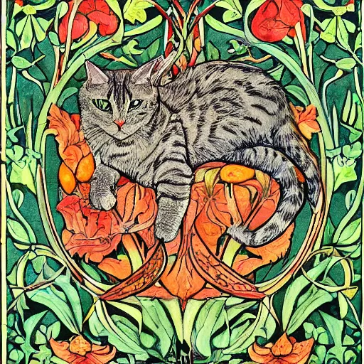 Image similar to colourful green man cat by walter crane and william morris, 8 k, artstation