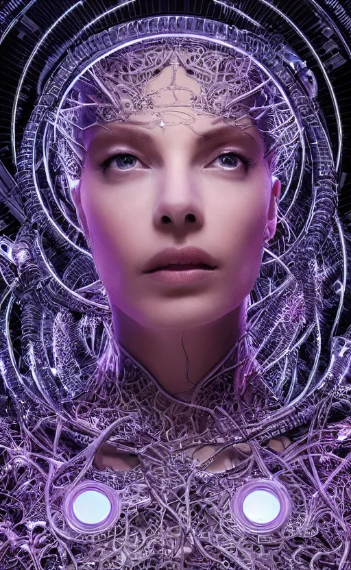 Image similar to organic cyborg queen, beautiful muse, synth, synthetic bio skin, futuristic translucent pearlescent skin, diffuse lighting, space opera, intricate, elegant, highly detailed,smooth, sharp focus, vogue poses, striking composition, highly detailed ornate sci fi background, vivid details, amalgamation of nature and technology, wires, glowing tubes, beautiful composition, painting in the style of sandro botticelli, caravaggio, albrecth durer, 8k