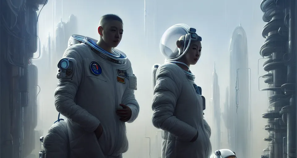 Prompt: portrait of yael shelbia and kang seul - gi, astronaut, symetrical facial, white hair, intricate design details. cyberpunk touareg, by ruan jia, weldon casey, christophe vacher. smooth gradients, transparent inflatable structures.