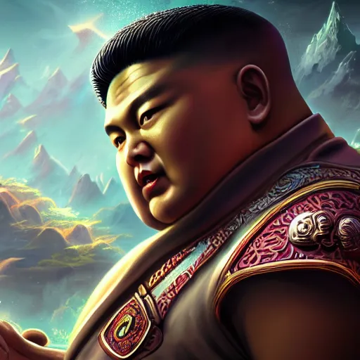 Image similar to portrait of kim - jong un as buddha, league of legends amazing splashscreen artwork, gears of war, splash art, natural light, elegant, photorealistic facial features, intricate, fantasy, detailed face, atmospheric lighting, anamorphic lens flare, cinematic lighting, league of legends splash art, hd wallpaper, ultra high details by greg rutkowski