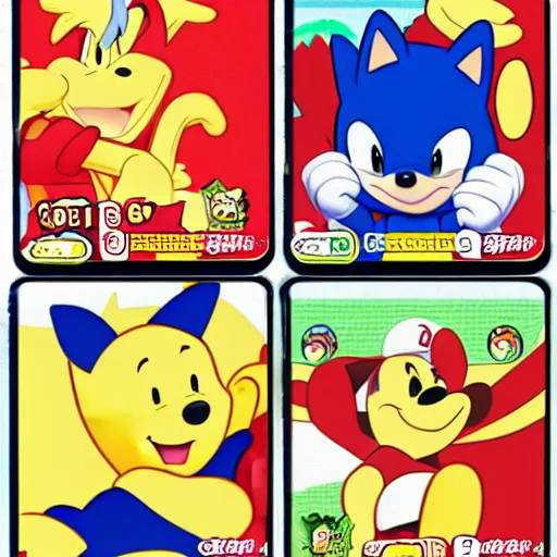 Image similar to photograph of winnie the pooh and super mario and sonic the hedgehog anime style, on pokemon card packs at target