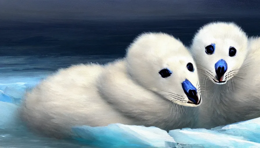 Prompt: highly detailed painting of cute furry white baby seal swan cats cuddling into each other on a blue and white iceberg by william turner, by greg rutkowski, by william constable, thick brush strokes and visible paint layers, 4 k resolution