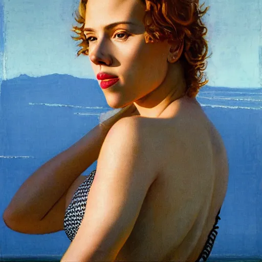 Image similar to Portrait still photograph of Scarlett Johansson wearing a swimsuit at the beach by Norman Rockwell, detailed, textured, golden hour, beach setting, medium shot, mid-shot, trending on Artstation