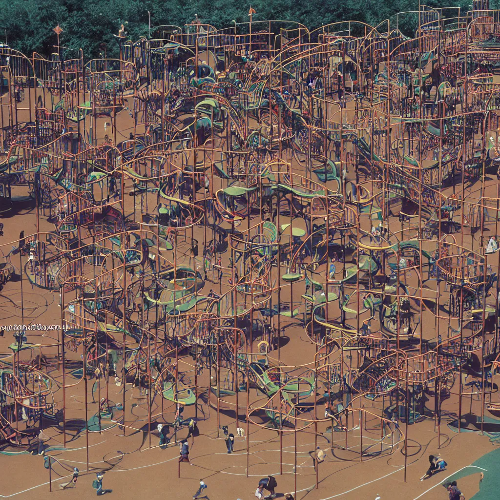 Image similar to full - color closeup 1 9 7 0 s photo of a vast incredibly - large complex very - dense tall many - level playground in a crowded schoolyard. the playground is made of dark - brown wooden planks, and black rubber tires. it has many spiral staircases, high bridges, ramps, and tall towers.