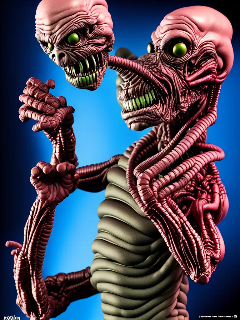 Image similar to hyperrealistic rendering fat smooth of john carpenter's they live alien by bernie wrightson and killian eng and joe fenton, product photography, action figure, sofubi, studio lighting, colored gels, colored background