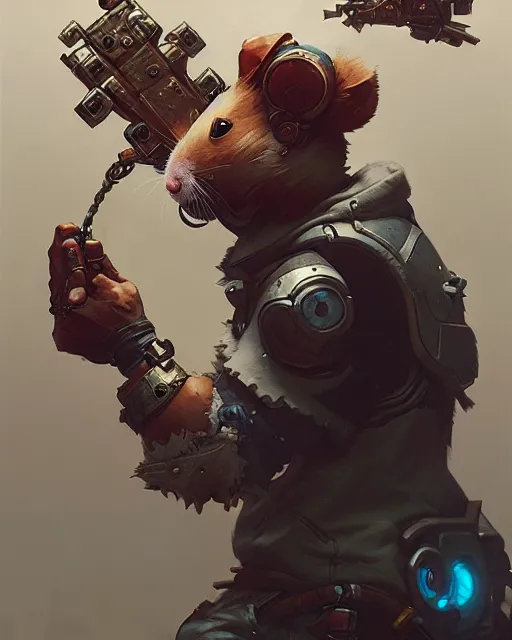 Image similar to wrecking ball the hamster overwatch, character portrait, concept art, intricate details, highly detailed by greg rutkowski, michael whelan and gustave dore