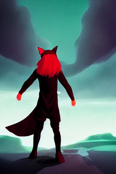 Prompt: little boy with cat ears in an black outfit with red cape. digital artwork made by lois van baarle and james jean and marc simonetti, sharpness focus, inspired by hirohiko araki, anatomically correct, heroic composition, hero pose, smooth