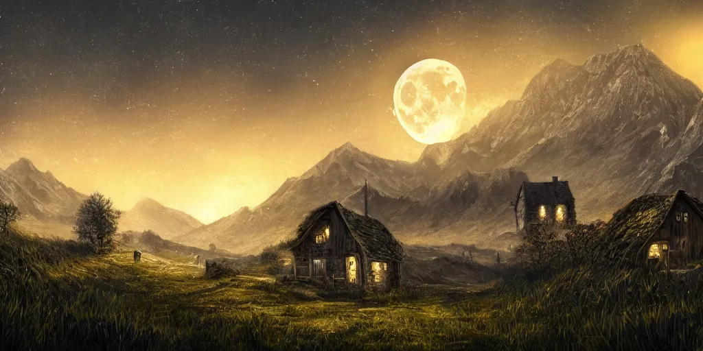 Image similar to Skeleton infested fields with large mountains in the distance, small cottage in the foreground, nighttime, moon in the night sky, landscape wallpaper, d&d art, fantasy, painted, 4k, high detail, sharp focus