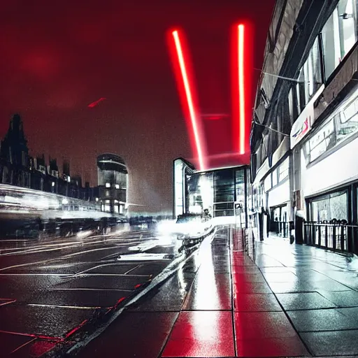 Prompt: digital red photons entering a CCTV camera on a dark rainy night in London, street scene, futuristic