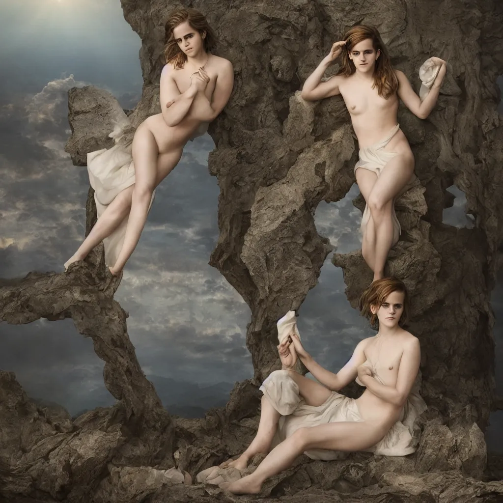 Image similar to emma watson, goddess venus, beautiful natural light, blue hour, by annie leibowitz