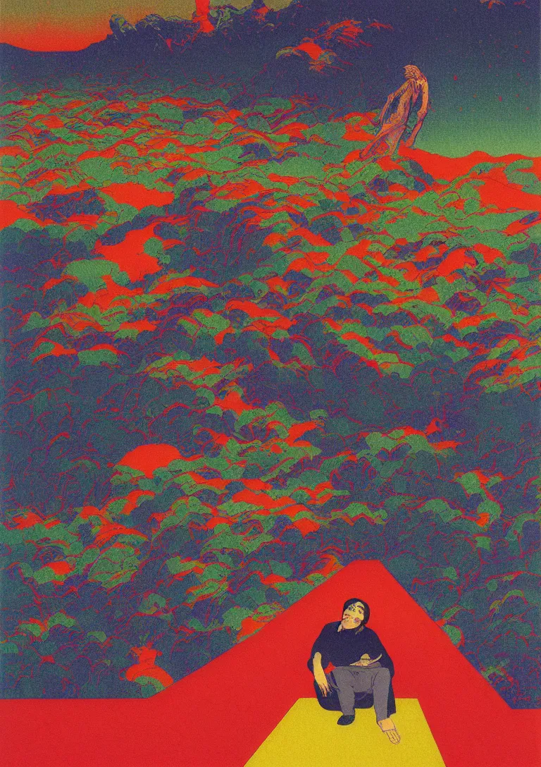 Prompt: a portrait of a man eating a paper blotter tab of LSD acid and melting into a psychedelic landscape, risograph by kawase hasui, moebius, Edward Hopper and James Gilleard, Zdzislaw Beksinski, Steven Outram colorful flat surreal design, hd, 8k, artstation