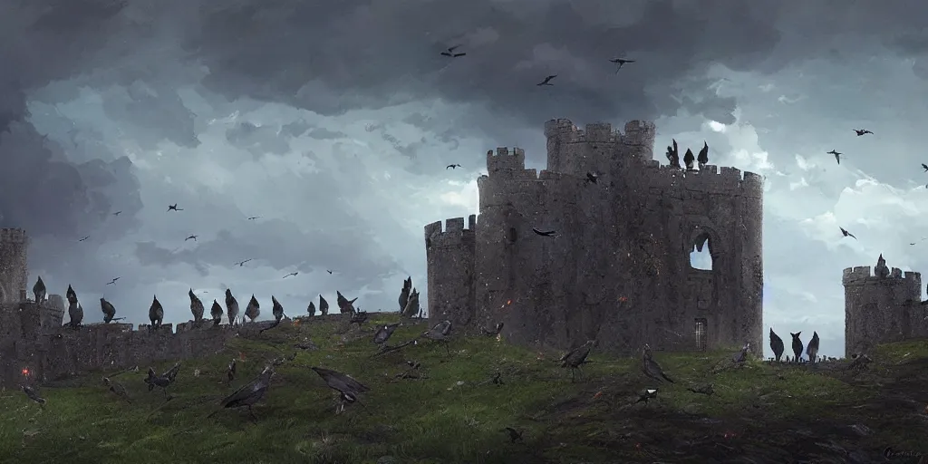 Image similar to A group of Ravens sit on a castle ramparts, dark fantasy, stormy sky, lightning, digital art by Greg Rutkowski and Studio Ghibli