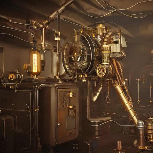 Prompt: 3D photorealistic render of a steampunk 👾 connected trough wired, on a advanced lab, octane render, 4k, unreal 5, very detailed, trending on artstation