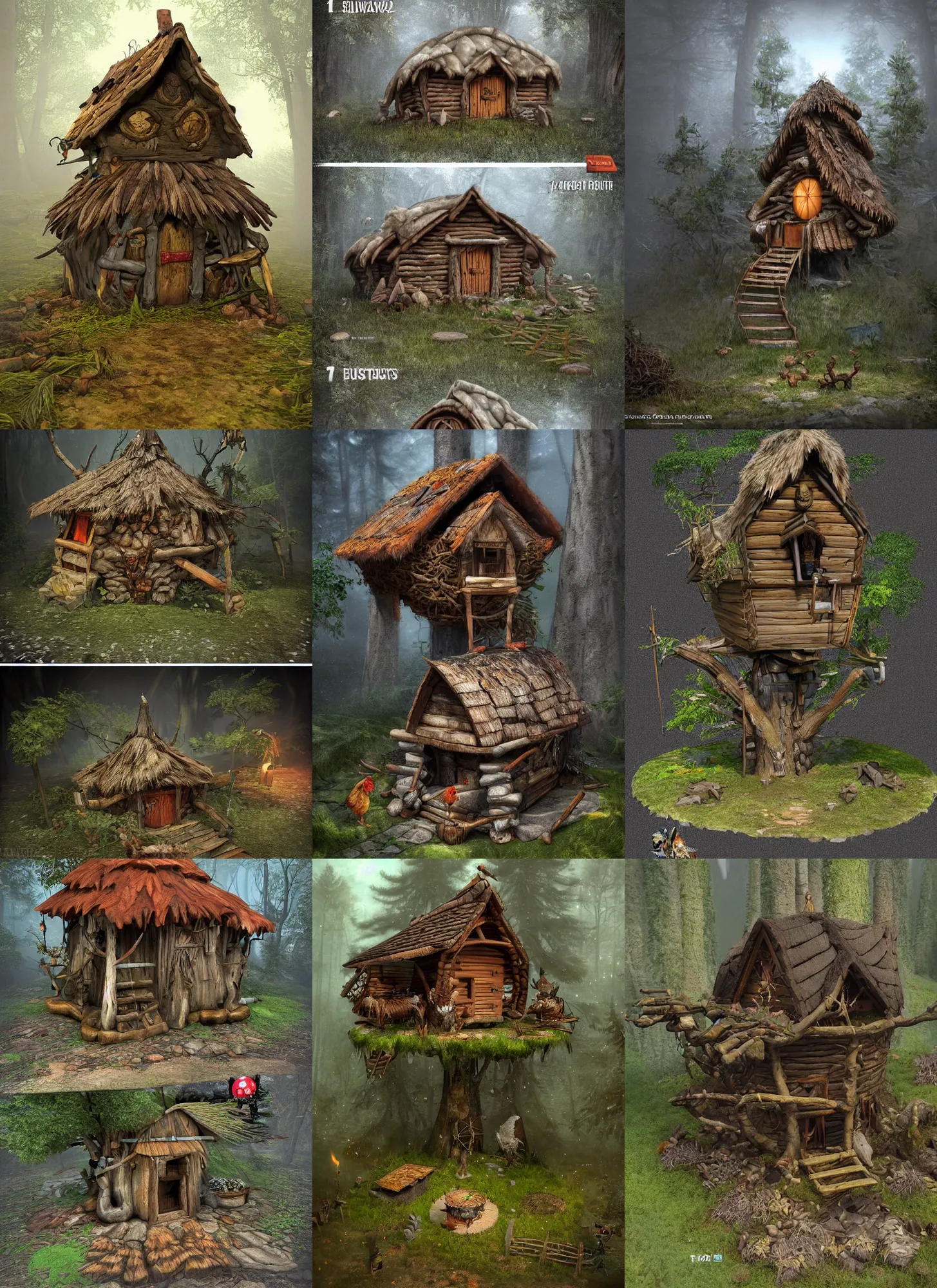 Prompt: hut on chicken legs a fantasy house Proto-Slavic mythology, a forest hut on chicken legs, where there are no windows or doors Houses with blank walls and an entrance through a hatch in the floor, a house raised 2-3 meters above the ground, Baba Yaga, full body, detailed and realistic, 4k, top-artstation, inspired blizzard games, octane render