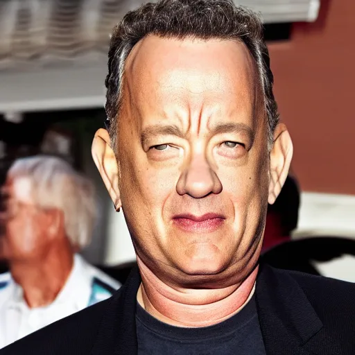 Prompt: Tom Hanks, looking sad, eating at a Taco Bell