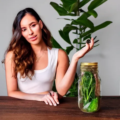 Image similar to extremely beautiful instagram influencer, young woman, desperate to sell her health coaching to an audience, visibly frustrated, snake oil in a jar on a table