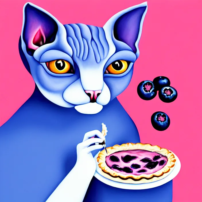 Image similar to an anthropomorphic sphynx cat fursona with big eyes eating a slice of blueberry pie, furry art, cute, minimalist, oil on canvas, soft lighting