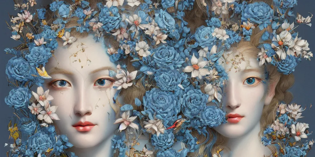 Image similar to breathtaking detailed concept art painting art deco pattern of blonde faces goddesses amalmation light - blue flowers with anxious piercing eyes and blend of flowers and birds, by hsiao - ron cheng and john james audubon, bizarre compositions, exquisite detail, extremely moody lighting, 8 k