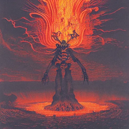Prompt: A skeleton demon in flames made of ethernet cables floating above a lake of fire in Hell, small crosses floating in the background, by Beksinski