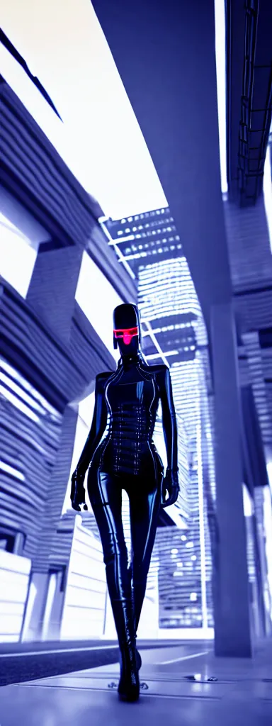 Prompt: a full body portrait of a cyberpunk model in futuristic clothing on a catwalk | photorealistic | rendered in high octane