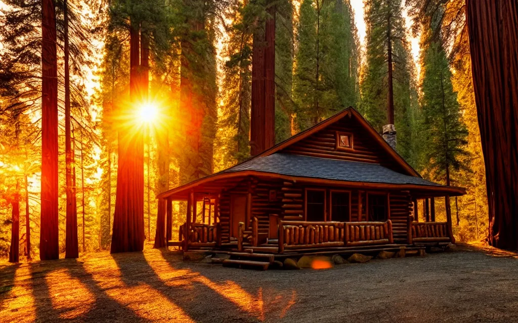 Prompt: enchanted magical quiet log cabin in the california redwoods forest at goldenhour sunset, 8 k photoengine realrender, cinematic scenery