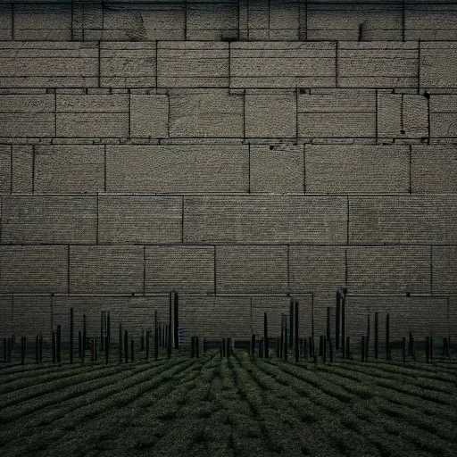 Prompt: an endless very tall wall, in a field, birds, dystopian, grim, dark, full frame camera, 1 9 9 0 s, award - winning photograph, octane render, 4 k