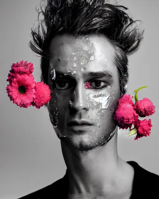 Prompt: portrait of a man, close-up, ice on the face, steel skin, high sharpness, zeiss lens, fashion photo shoot, flowers, gray hair, Coral lipstick, in the background black , in pink, illumination semidark , Edward Buba , Annie Leibovitz , Paolo Roversi , David Lazar , Jimmy Nelsson , Eiko Hosoe , artistic , hyper-realistic , beautiful face , octane rendering