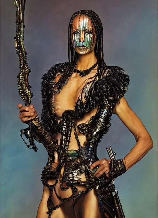 Image similar to a woman with iridescent skin, pirate weapons, by van herpen, iris