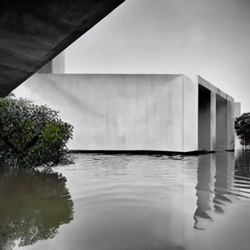 Prompt: flooded concrete structure, surreal architecture, meglaphobia, angled walls, liminal, minimalist architecture,