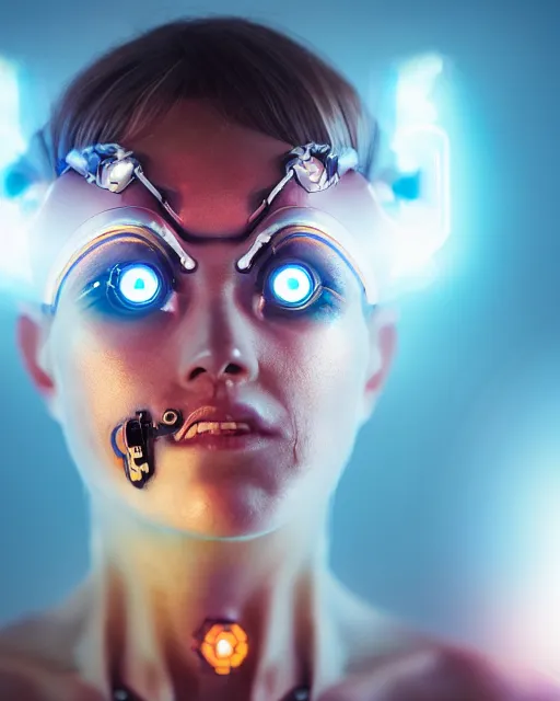 Prompt: portrait photo of dreamy female as a solarpunk cyborg with fluorescent lamps over face, robotic body parts around neck, real human face with skin, ultra - realistic and detailed, long exposure, soft focus hdr 8 k