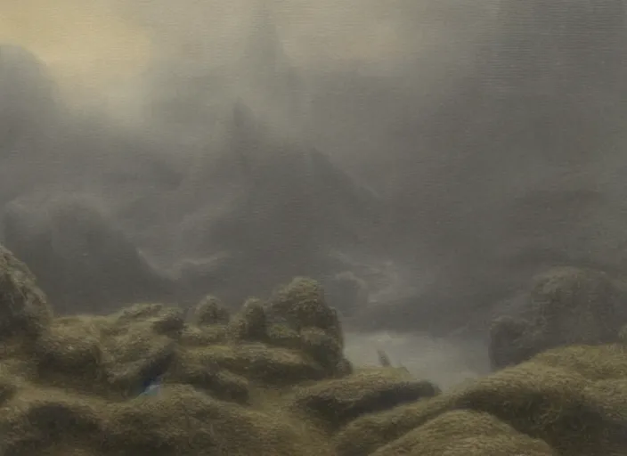 Image similar to pleasing misty palette. intricate sharp spikes riddle this puzzling landscape, it's too detailed, too dense, too much profound density, oppressively detailed, painterly fantasia ( 1 9 4 1 )